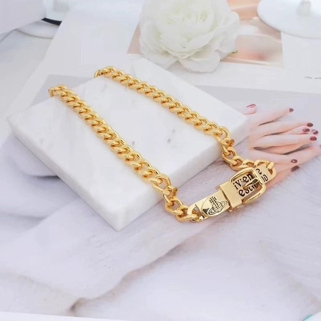 Vivienne Westwood Style Engraved Letter Cuban Chain Necklace