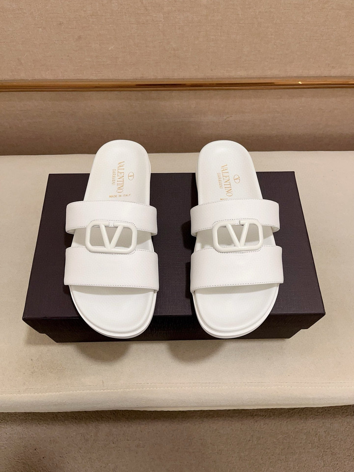 Valentino White V-Hardware Slide Sandals