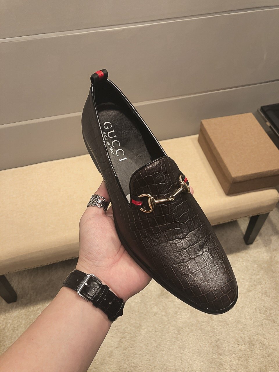 Gucci Black Embossed Horsebit Loafers